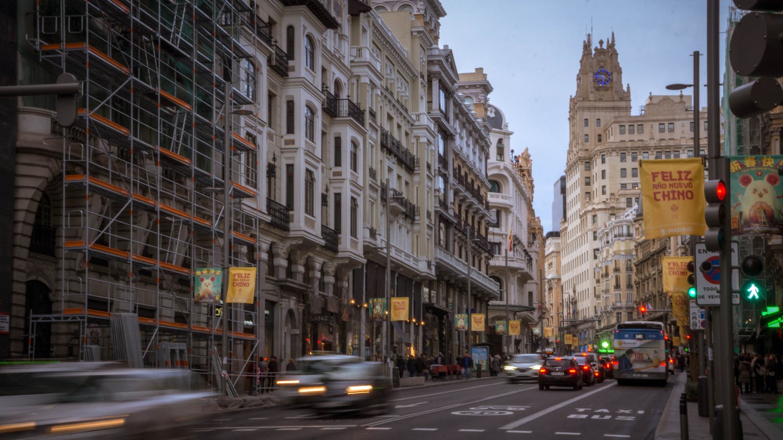 Gran Via street in Madrid with Telefonica Building and traffic