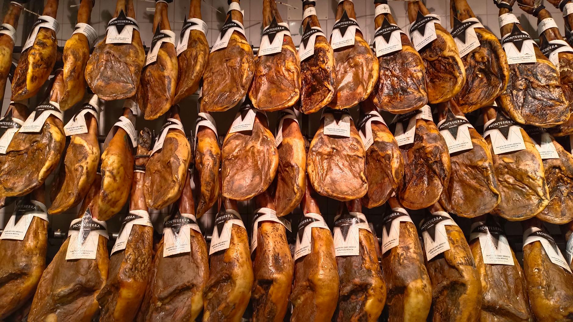 Sliced Jamon Iberico Spanish cured ham a delicacy of Madrid cuisine