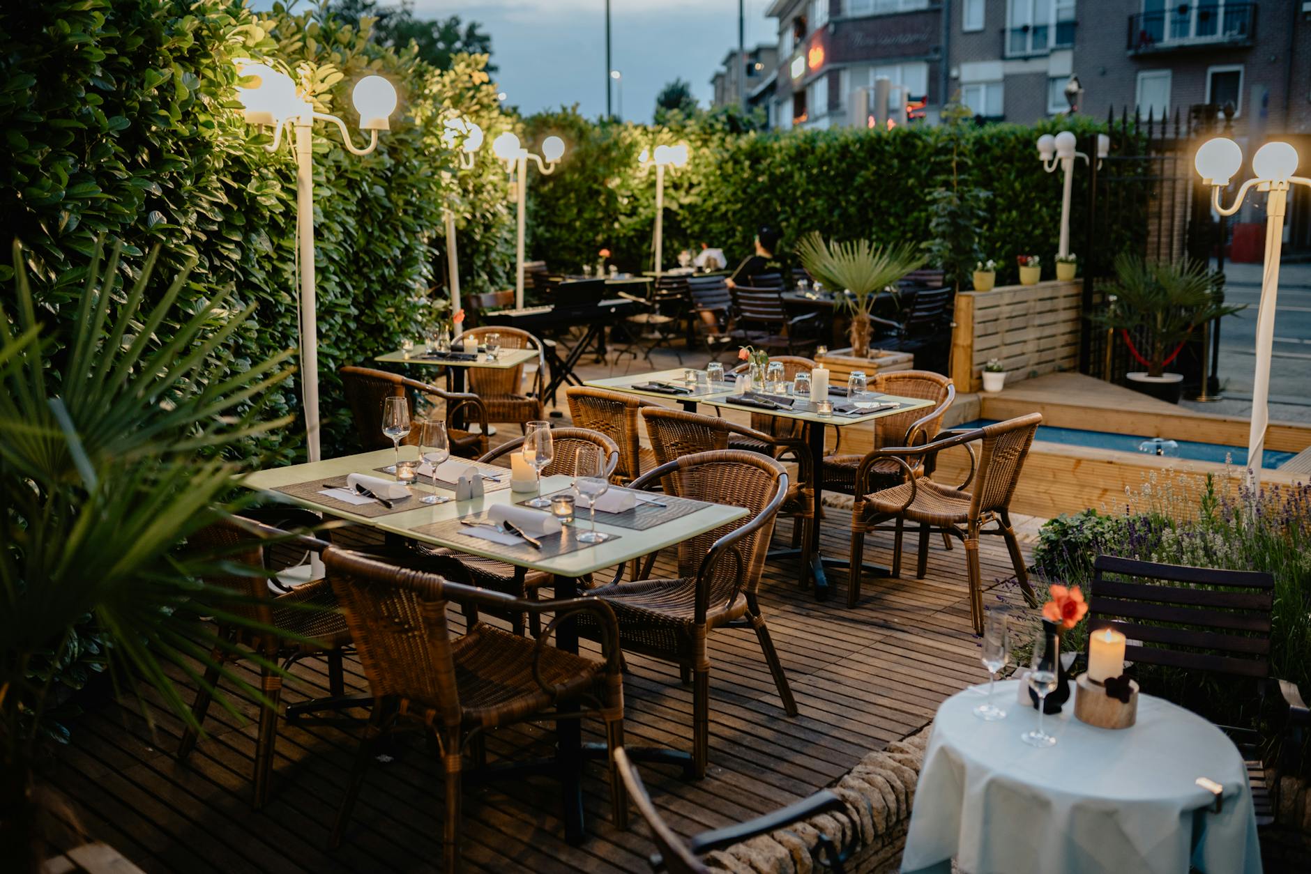 Outdoor restaurant terrace dining in Madrid Spain