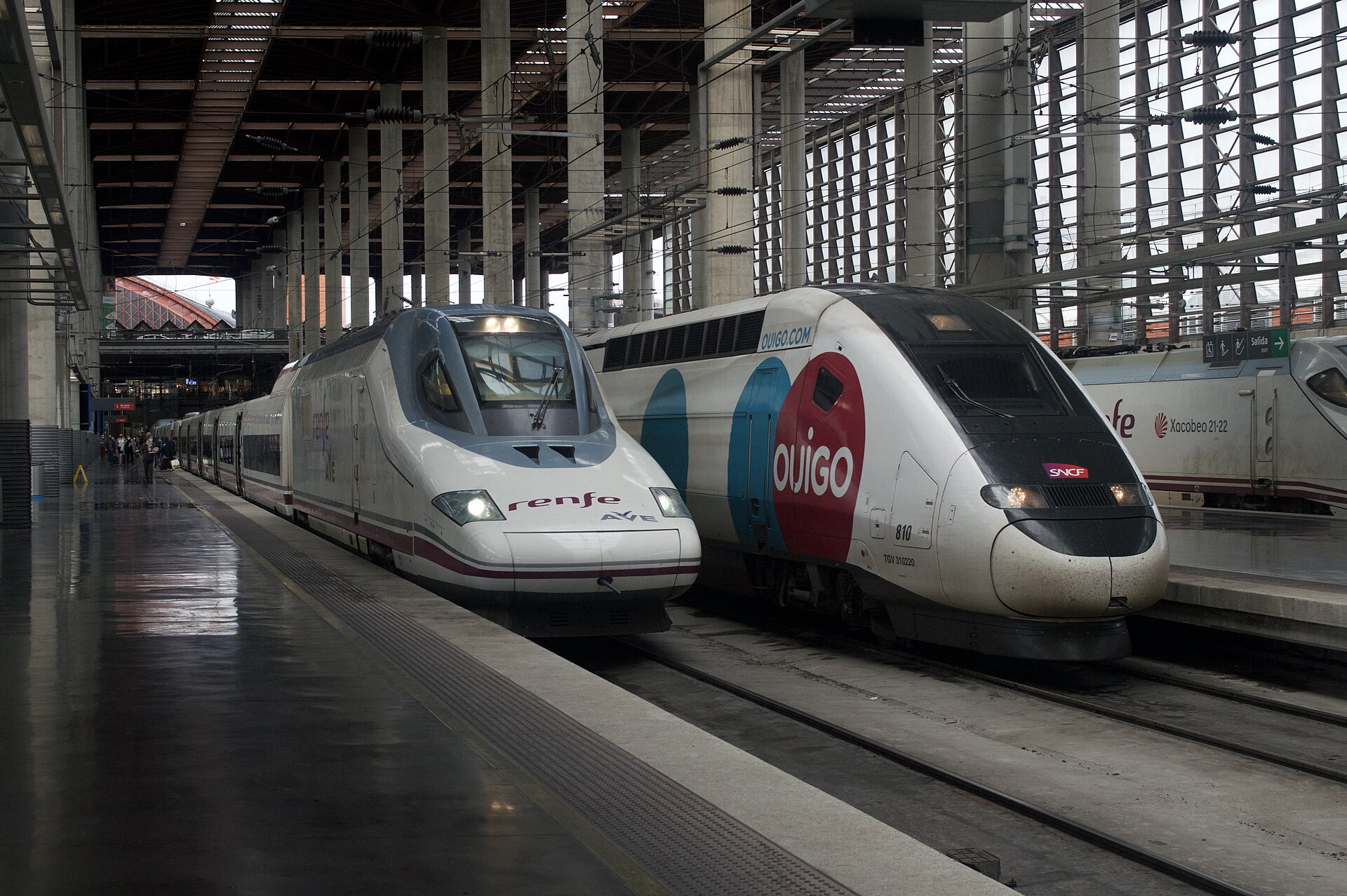 Trains from Madrid: AVE, Iryo, Ouigo and Every Route Explained 2 A white Renfe AVE train and a blue, white and red Ouigo train side by side at the platforms of Madrid Puerta de Atocha station